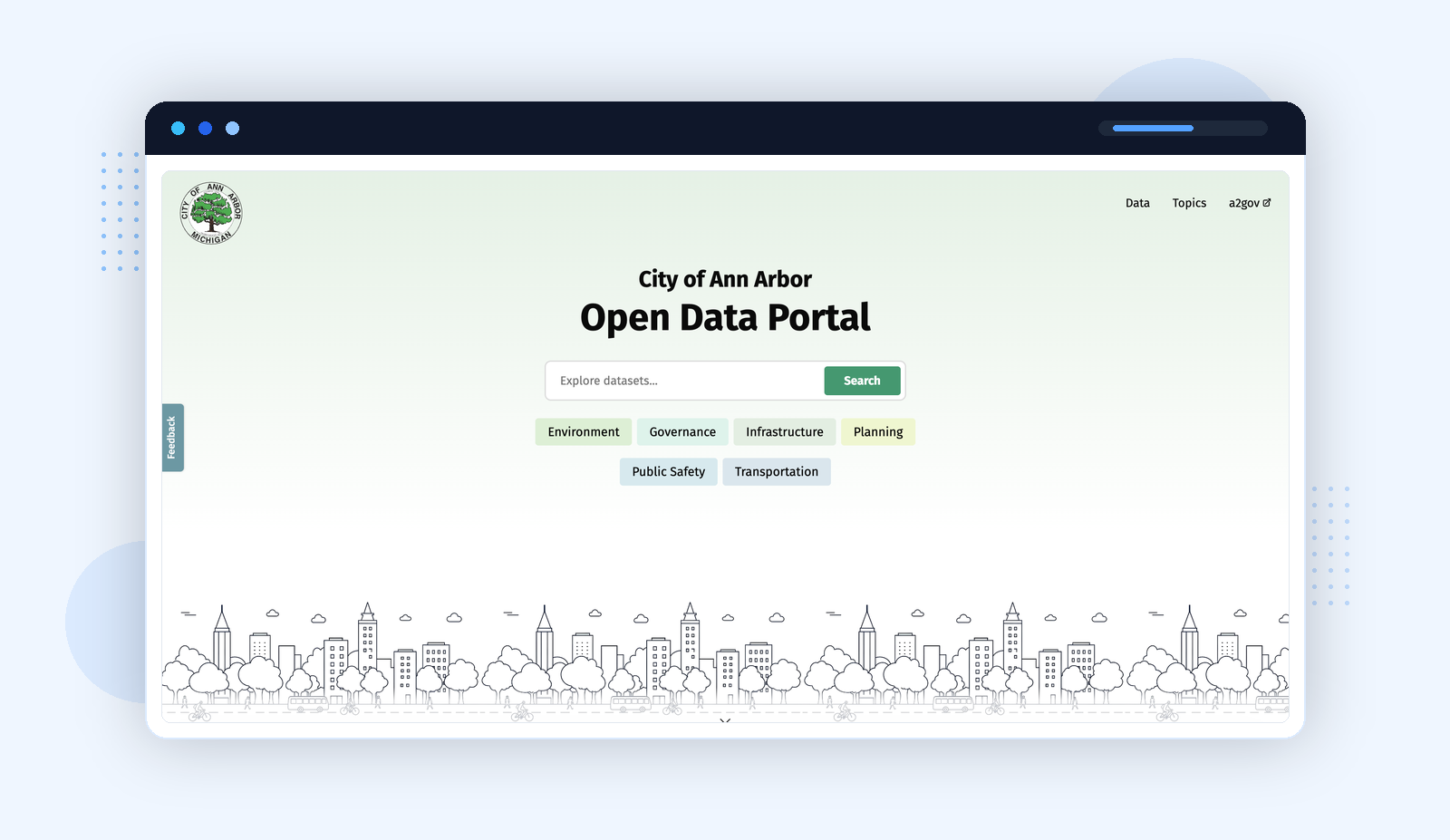 Ann Arbor Open Data Portal homepage โ topic filters and city skyline illustration
