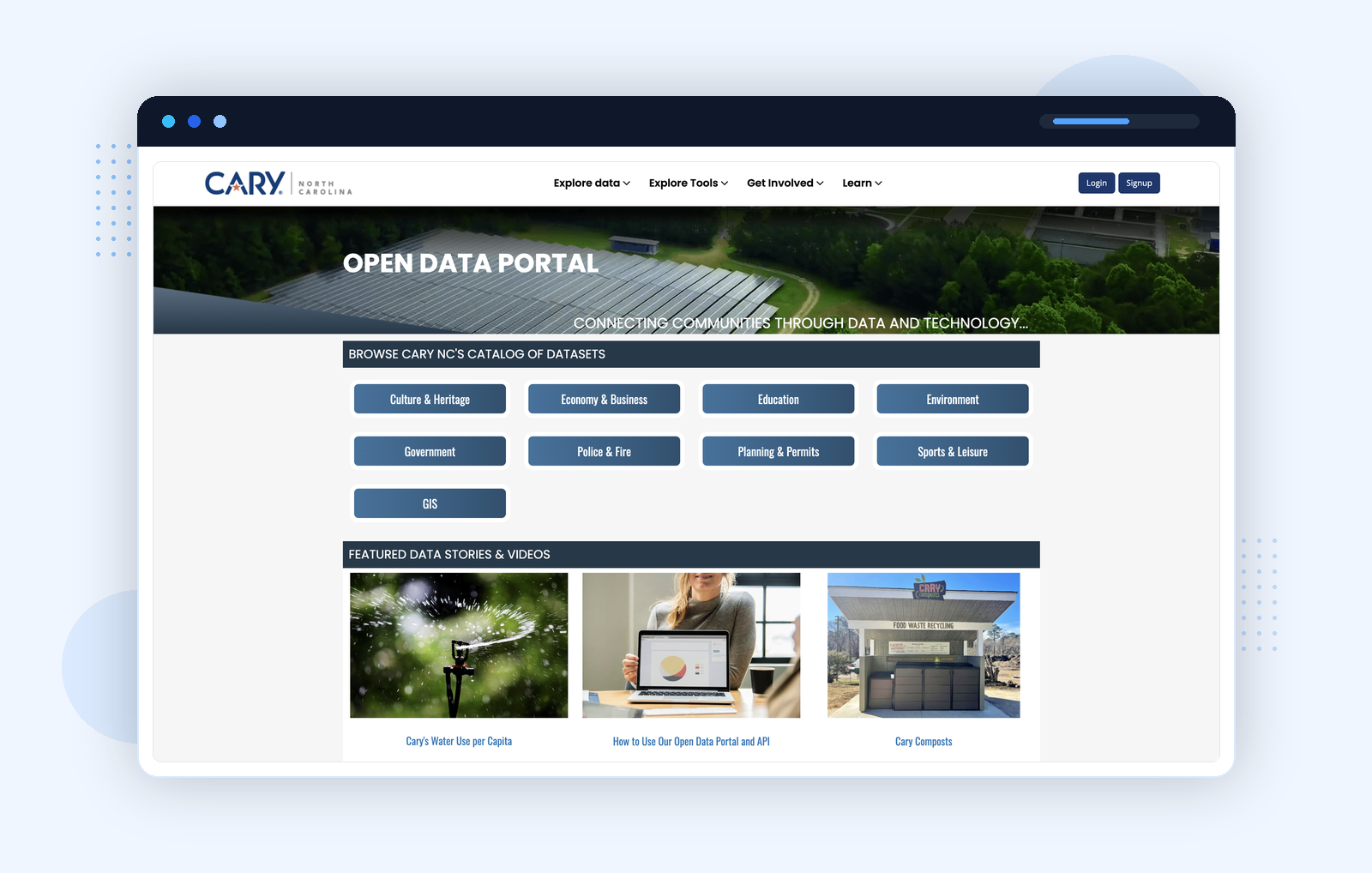 Cary, NC โ Open Data Portal homepage with category grid, featured data stories, and solar farm aerial hero image
