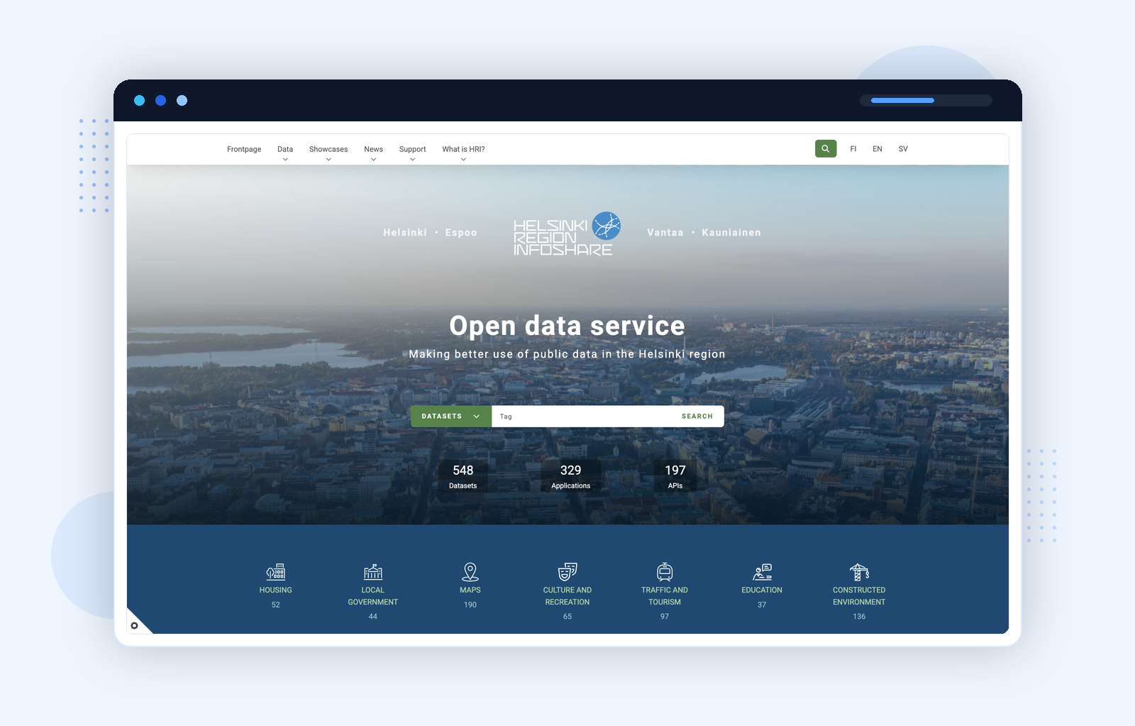 Helsinki Region Infoshare homepage โ Open data service across Helsinki, Espoo, Vantaa, and Kauniainen with 548 datasets, 329 applications, and 197 APIs