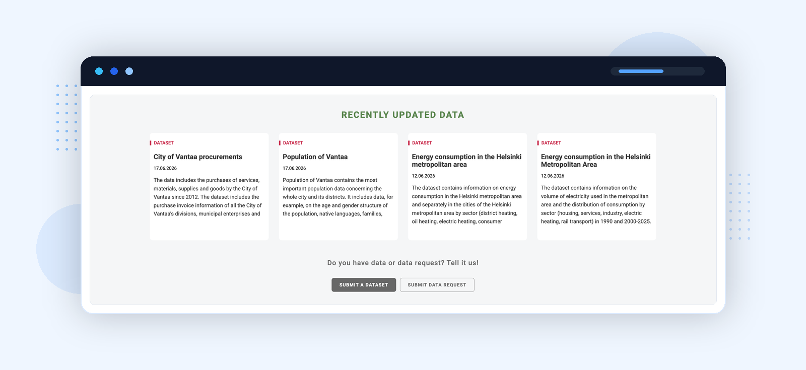 Helsinki Region Infoshare โ recently updated data section with submit dataset and data request calls to action