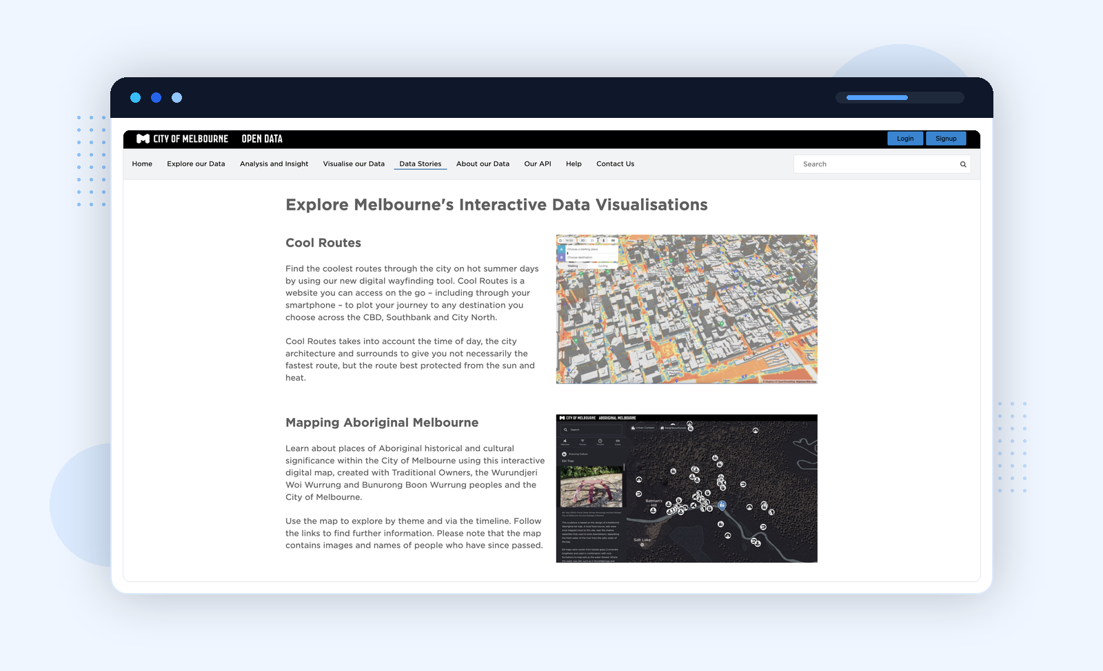 Melbourne Open Data โ Data Stories section with interactive visualisations including Cool Routes (shade-protected urban wayfinding) and Mapping Aboriginal Melbourne