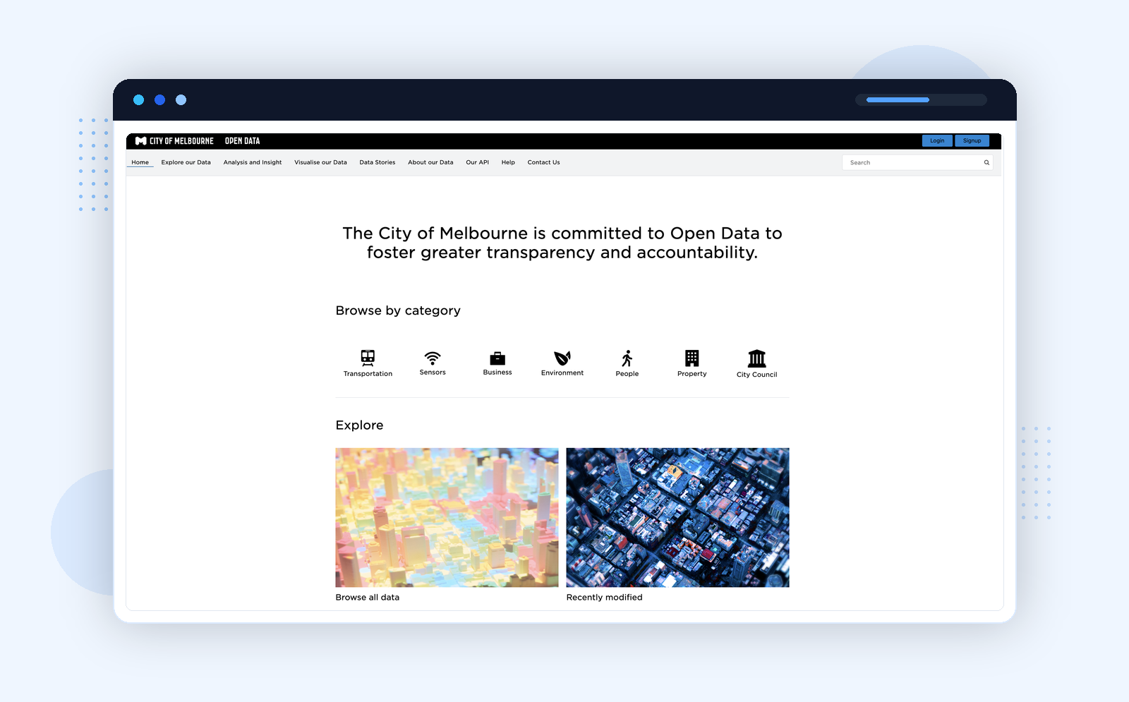 Melbourne Open Data Portal homepage โ category navigation with Transportation, Sensors, Business, Environment, People, Property, and City Council