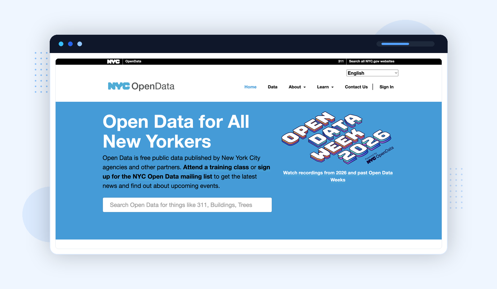 NYC Open Data homepage โ "Open Data for All New Yorkers" with search and Open Data Week 2026 banner