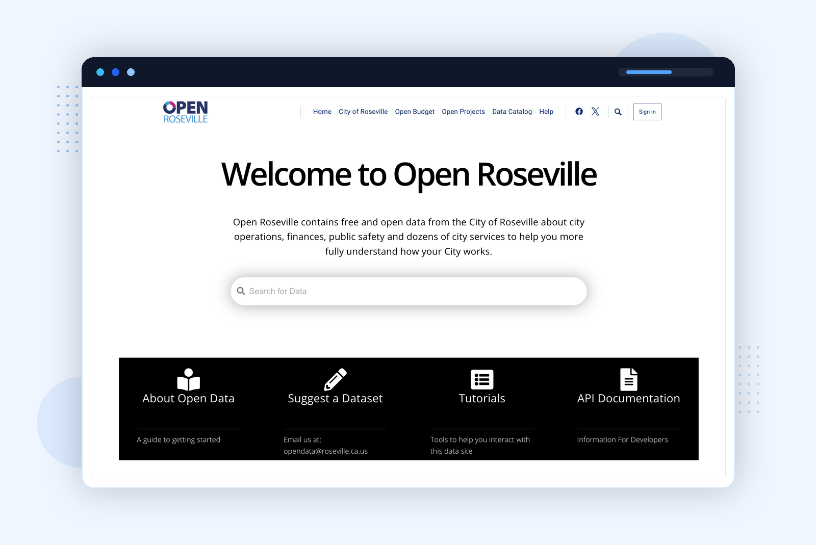 Open Roseville โ homepage with search, quick-access links, and transparency entry points