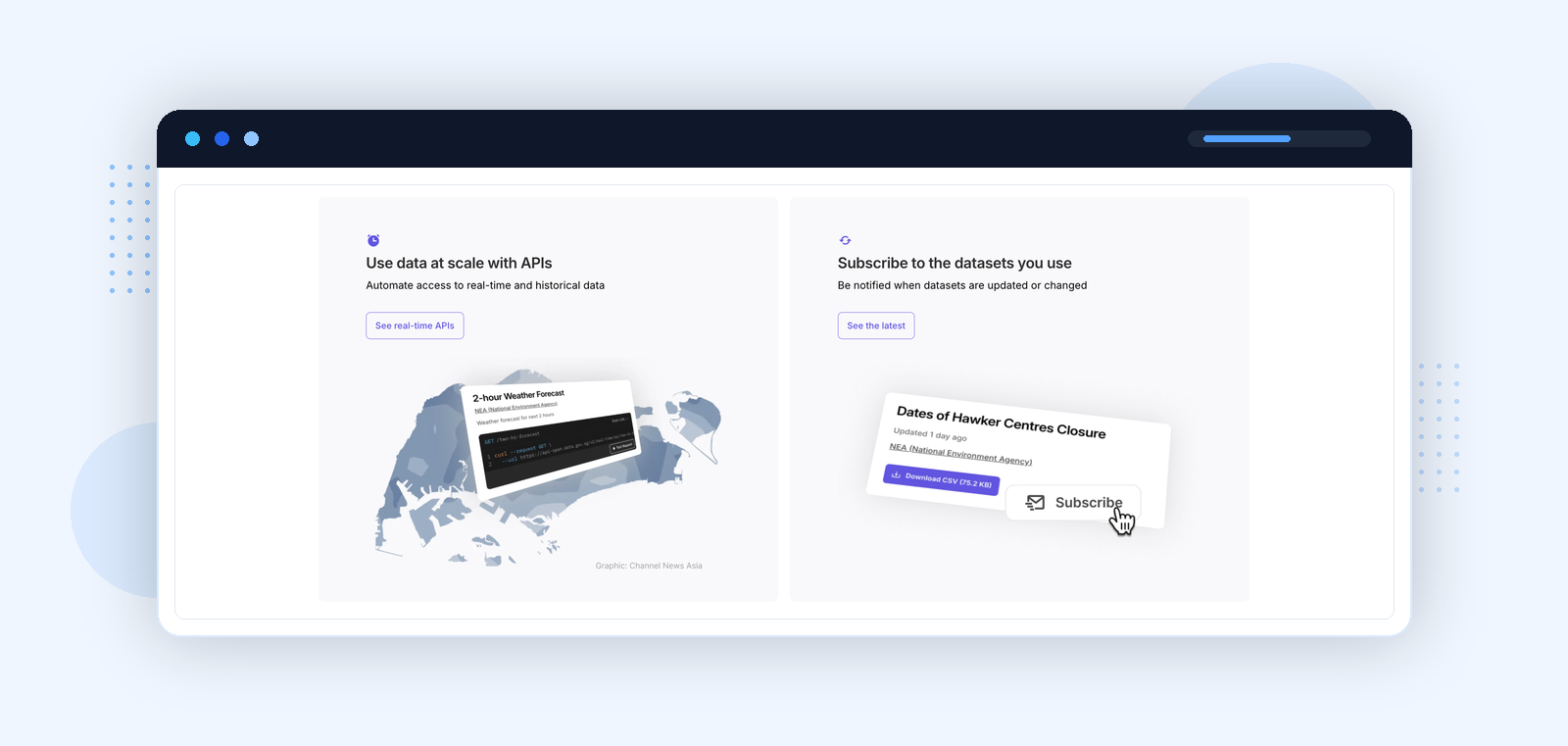 data.gov.sg โ real-time APIs and dataset subscription features, letting users receive updates when datasets change